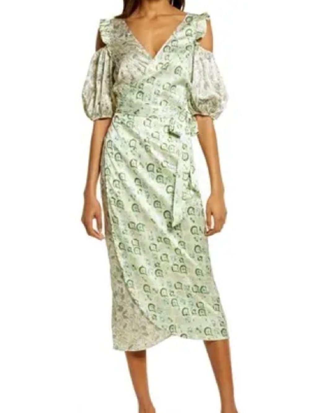 Never fully dressed  green marble cold shoulder wrap dress
